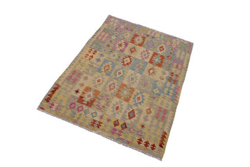 Flat Weave Kilim, Antique, Navaho, Vintage, Handmade, Geometric Kilim Gray Pink Hand-Woven Rectangle 100% Wool Area Rug 5 x 7